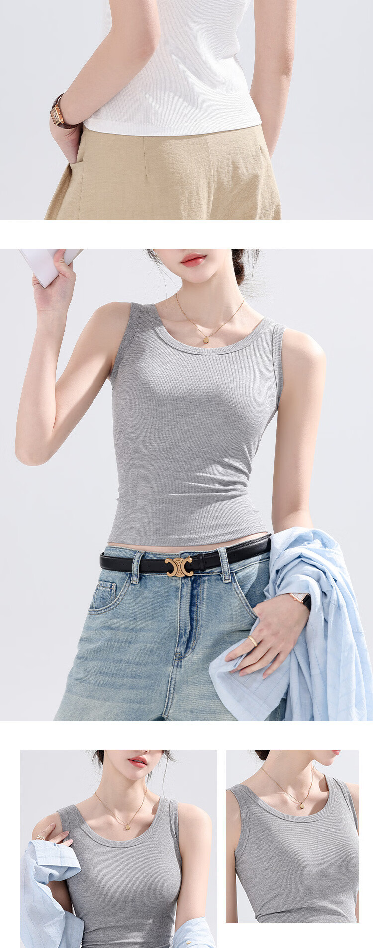 Langsha Women's White Ribbed Sleeveless Tank Top Casual Sportswear Summer Light Coffee L 13