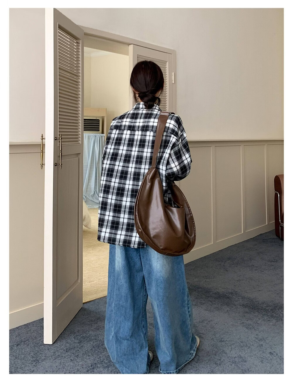 ICH MODE "Jeju Island Breeze" Brushed Plaid Shirt Jacket Women Vintage Check Long Sleeve Korean Style Shirt Blue L 13