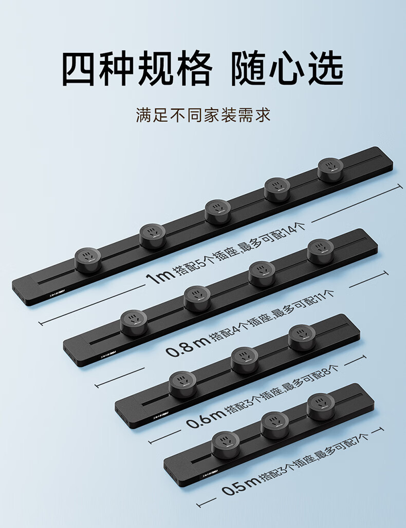 NVC Lighting Track Socket Surface Mounted No-Drill Wall-Mounted Movable Wall Rail Socket 80cm + Four Five-Hole Outlets Black 31