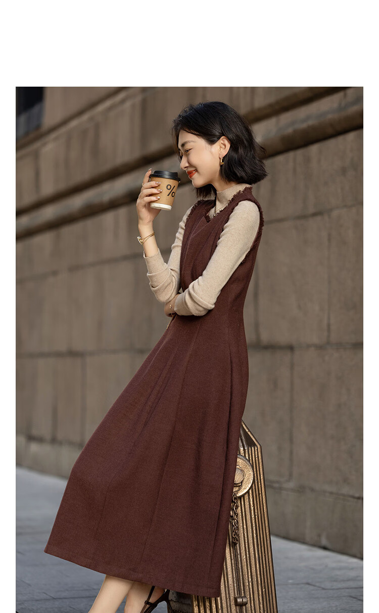 Demana Urban Mirror Winter Warm Textured Wool Sleeveless Waist-Cinched A-Line Dress with Fringed Round Neck 13