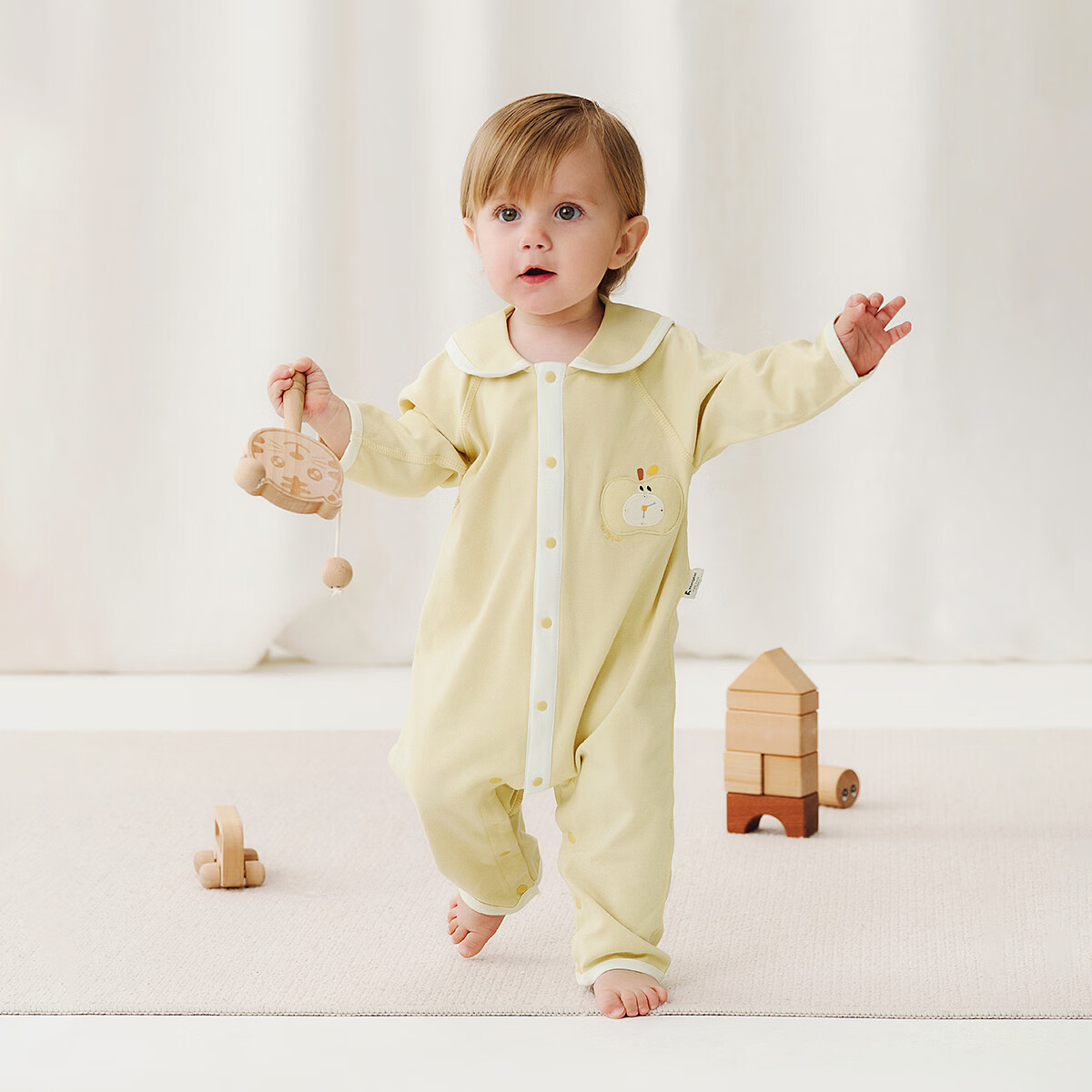 TONGTAI Baby Romper Spring and Autumn Pure Cotton Newborn Outing Lapel Jumpsuit Yellow 59cm