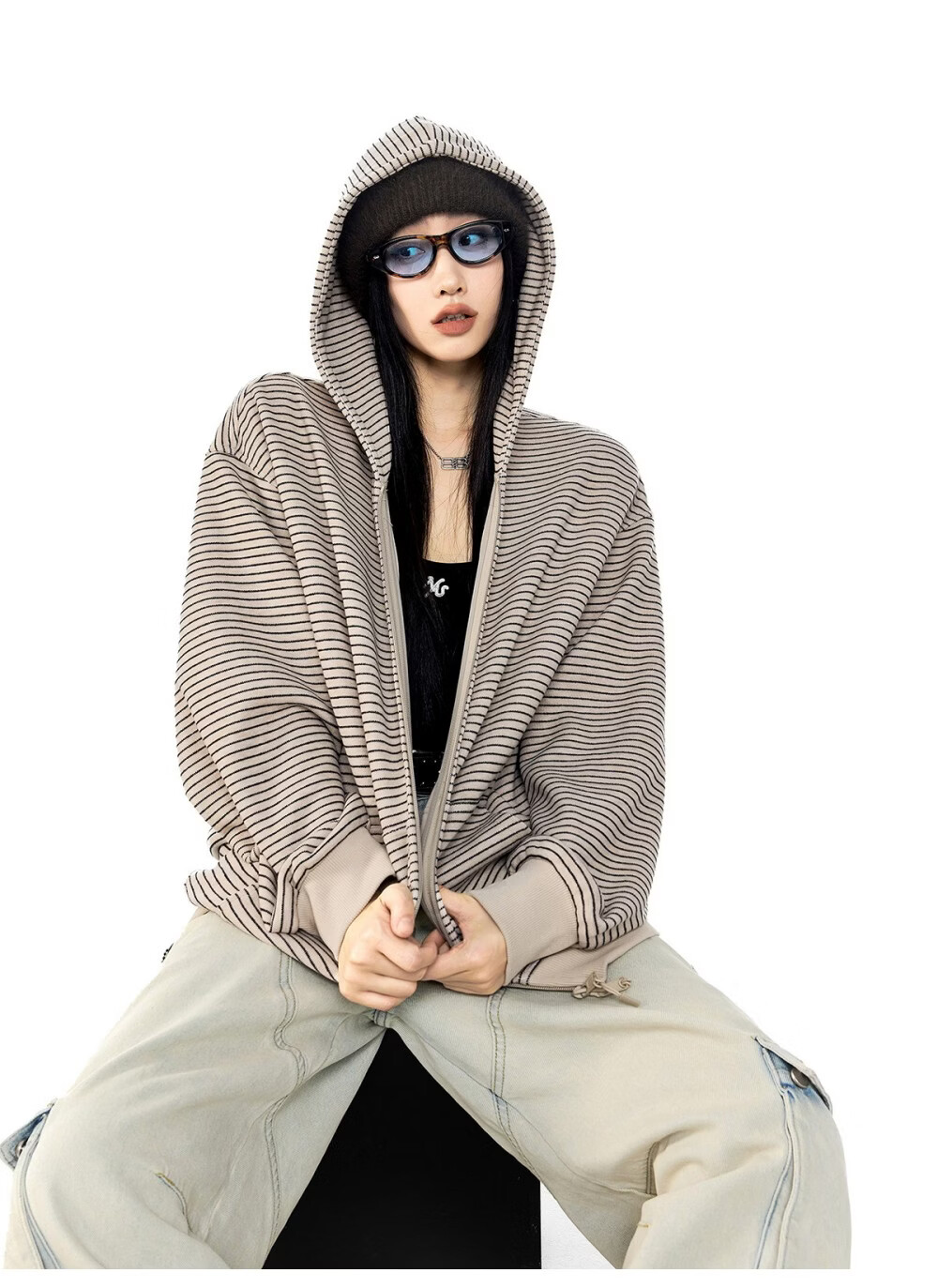 ICH MODE Celebrity Style Striped Hoodie Cardigan Sweatshirt for Women Spring Autumn New Sports Jacket Black M 26