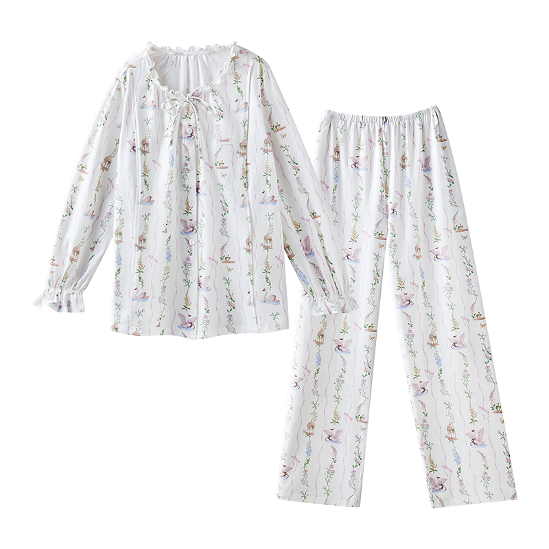 EMXEE Spring Summer Soft Cotton Pure Cotton Nursing Maternity Postpartum Pajamas Maternity Homewear Set Swan Flower Dance XL