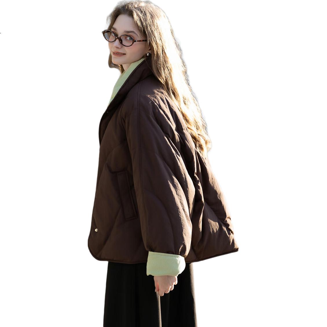 TonLion 2025 Winter Women's Colorblock Corduroy Spliced Batwing Sleeve Short Down Jacket Soft American Style Thickened Puffer Coat