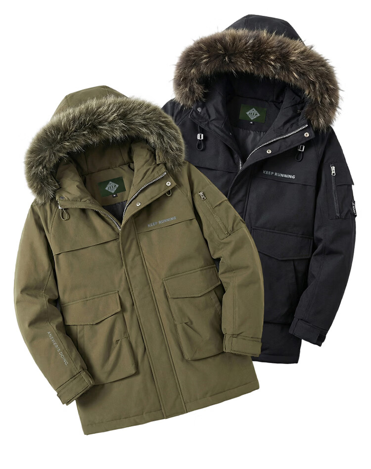 JEEP SPIRIT Men's Down Jacket Autumn Winter Workwear Fur Collar Mid-Length Parka Military Green 4XL 1