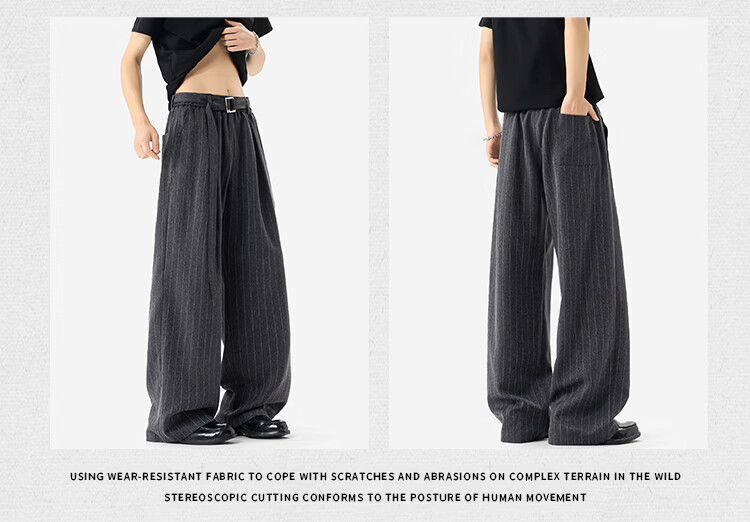 Dingfengbaoluo Men's Summer Loose Fit Striped Suit Pants Linen Texture Casual Trousers JUC32 Dark Gray 2XL 13