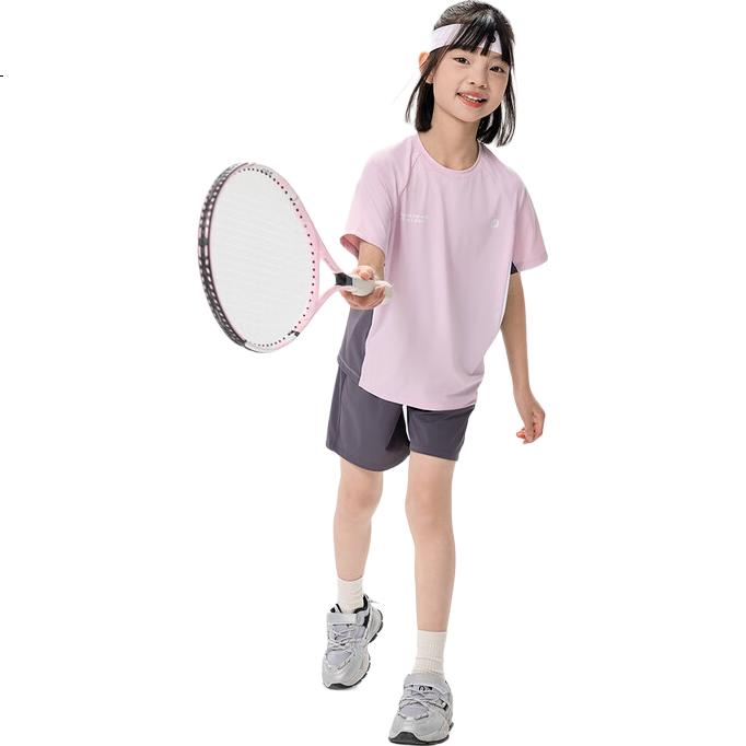 EBAER Children's Cooling Sports Set, Summer 2025 Style, Boys' Sun Protection T-Shirt, Girls' Lightweight Shorts, Lingjing Pink, Size 150
