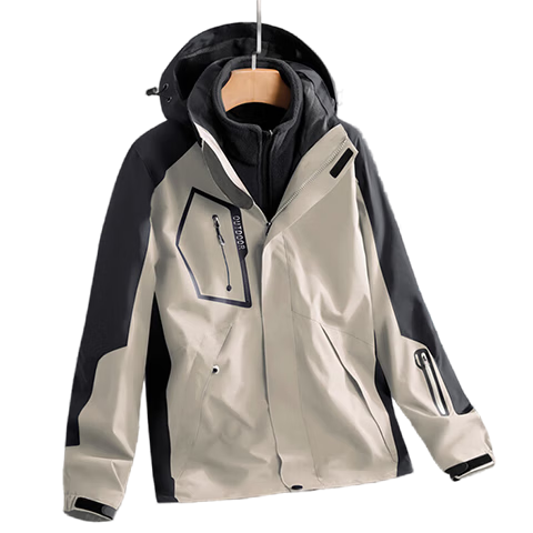 JEEP SPIRIT Men's Windproof Jacket for Spring, Autumn And Winter, Three-In Hooded Mountaineering Coat, Khaki, Size L