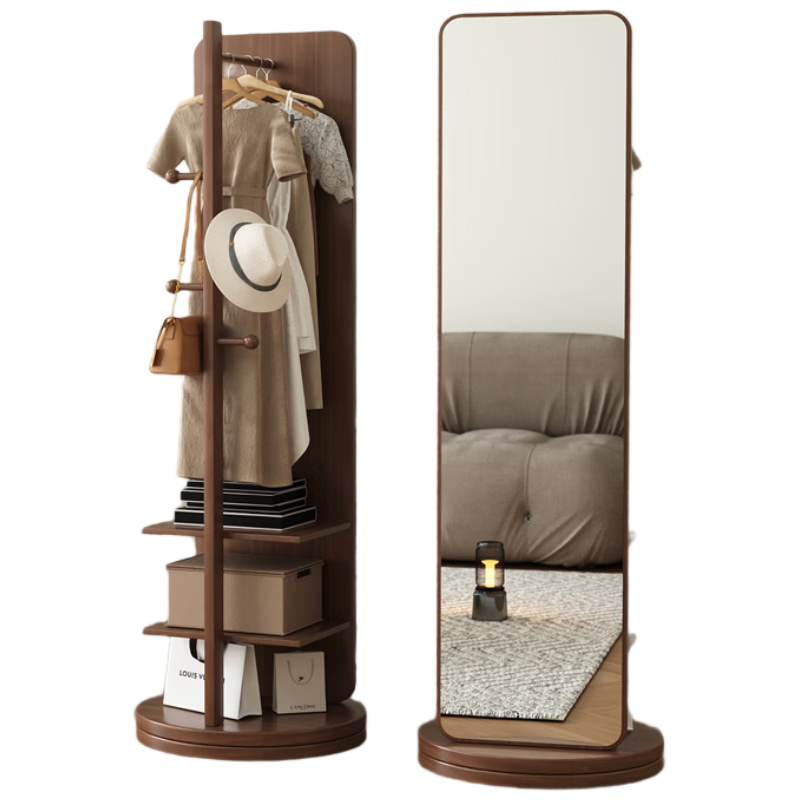 Millennium Huafu Full-Length Rotating Dressing Mirror Floor Mirror with Wheels and Integrated Bedroom Coat Rack