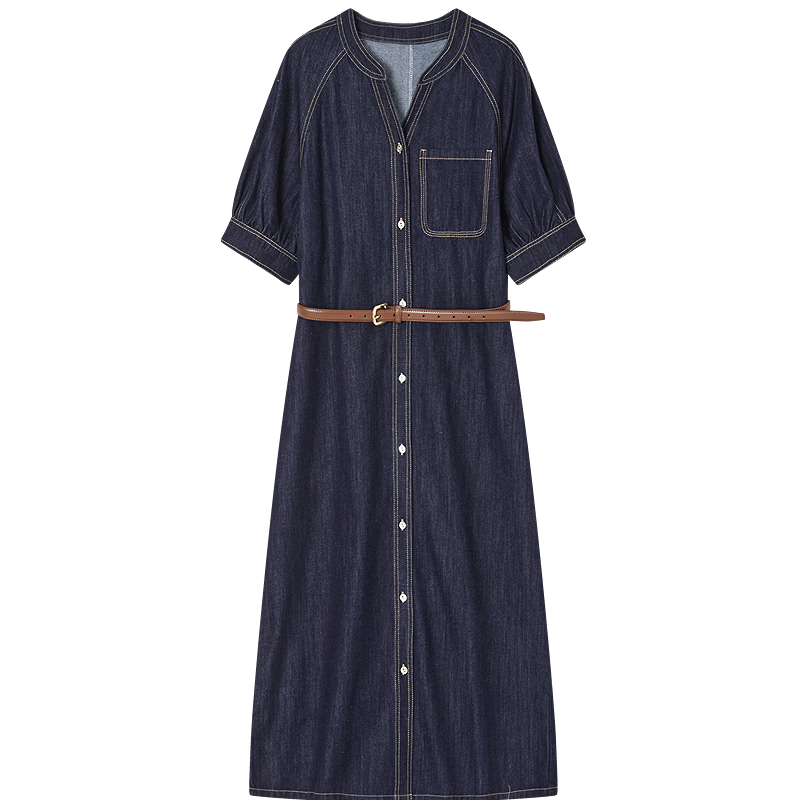 Demana [Denim Cloud Cotton] Spring V-Neck Belted Topstitch Loose Petite Women's Denim Dress