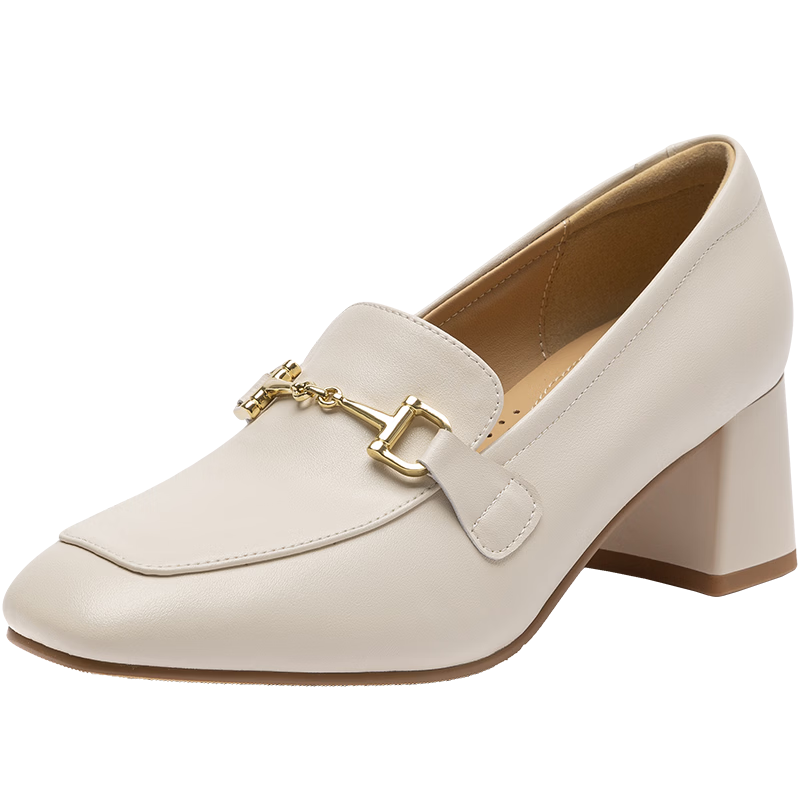 Red Dragonfly Mary Jane Women's Spring 2026 Chunky Heel Commuter Leather Loafers High Heels WFB16049 Off-White Size 37