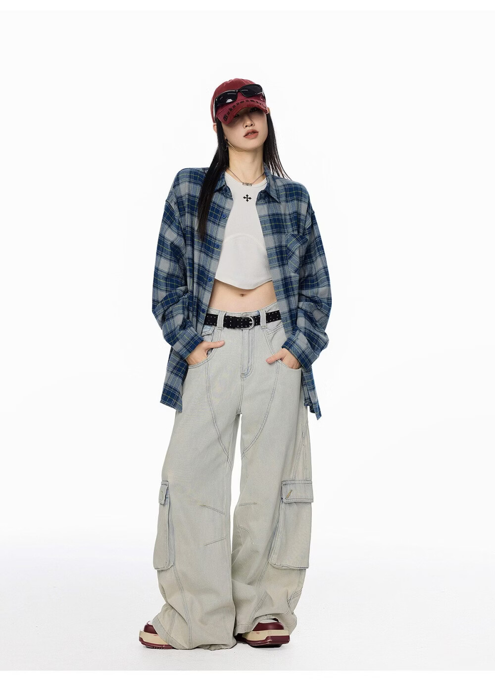 ICH MODE Women's American Style Blue Plaid Shirt Spring New Loose Casual Long Sleeve Shirt Jacket Top Blue L 17