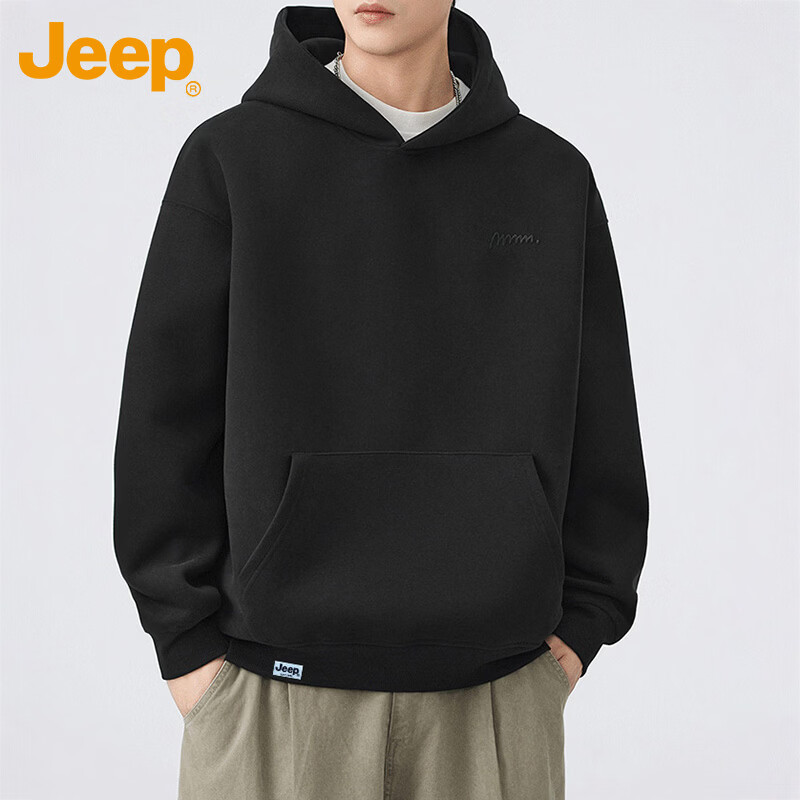 JEEP Men's Hoodie Sweatshirt Spring Autumn Embroidered Loose Fit Black L