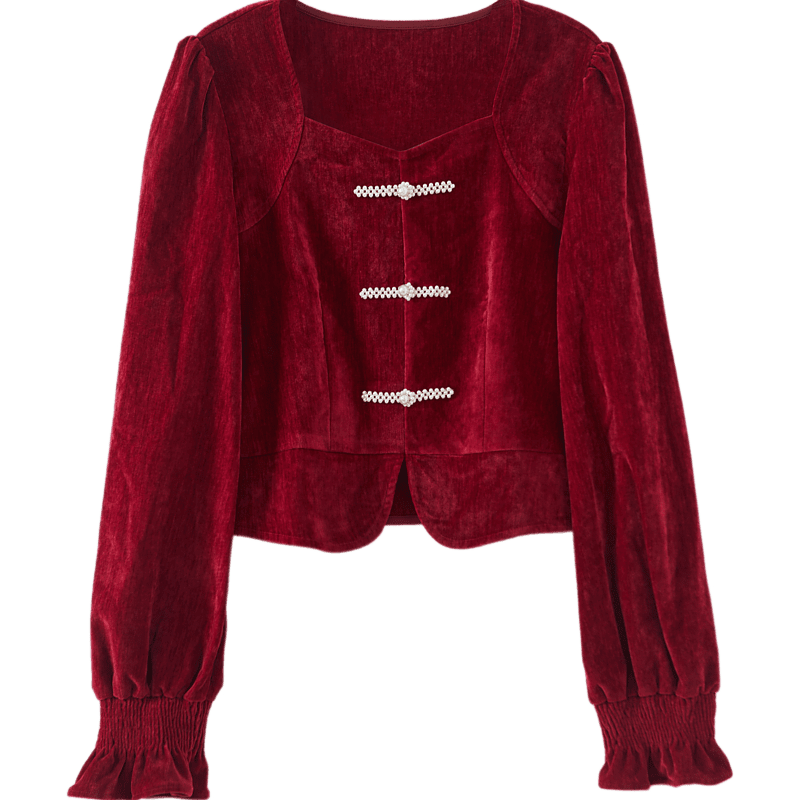 Dme [Xuoxing Wan Yue] Spring And Autumn Style New Chinese-Style Square Collar Shirt with Pearl Buttons, Velvet Blouse Women's Top