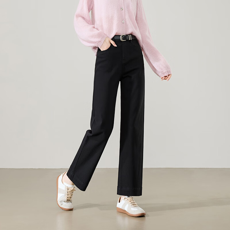 ESE-Y Wide-Leg Retro Petite Straight-Leg Jeans for Women 2026 Spring Slim Fit Black 30