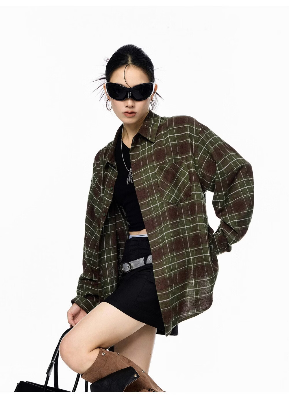 ICH MODE Women's American Style Blue Plaid Shirt Spring New Loose Casual Long Sleeve Shirt Jacket Top Blue L 12