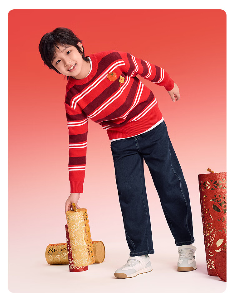 Balabala [balaOne] Boys' Fleece-Lined Denim Pants Lyocell Red New Year Celebration Trousers 4