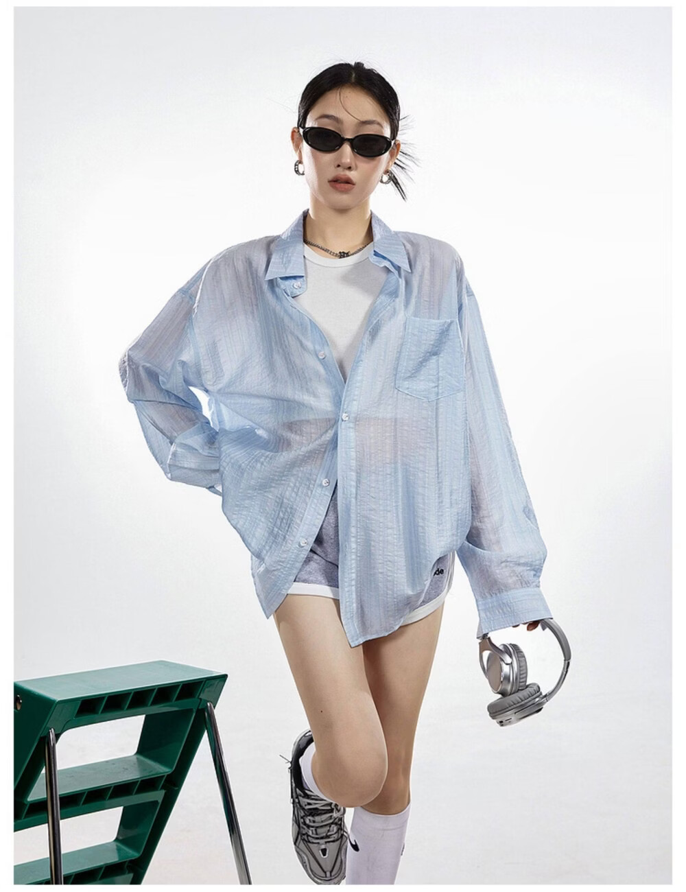 ICH MODE American Style White Shirt Women Summer Loose Physical Sun Protection Shirt Jacket Long Sleeve Top Blue XL 32