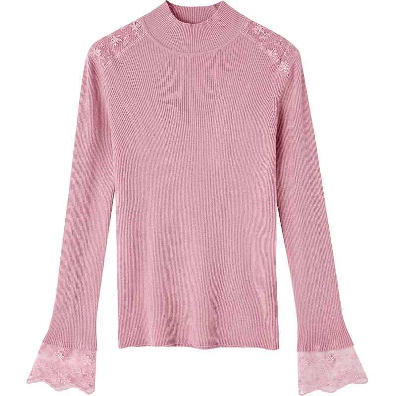 Demana Winter Half Turtleneck Lace Splice Wool Blend Ribbed Jacquard Slim Fit Knit Sweater Top