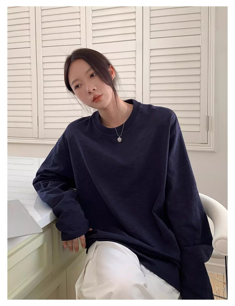 ICH MODE "Versatile King" Bamboo Cotton White Long Sleeve T-Shirt Women Loose Pullover Solid Color Base Shirt White XL 10
