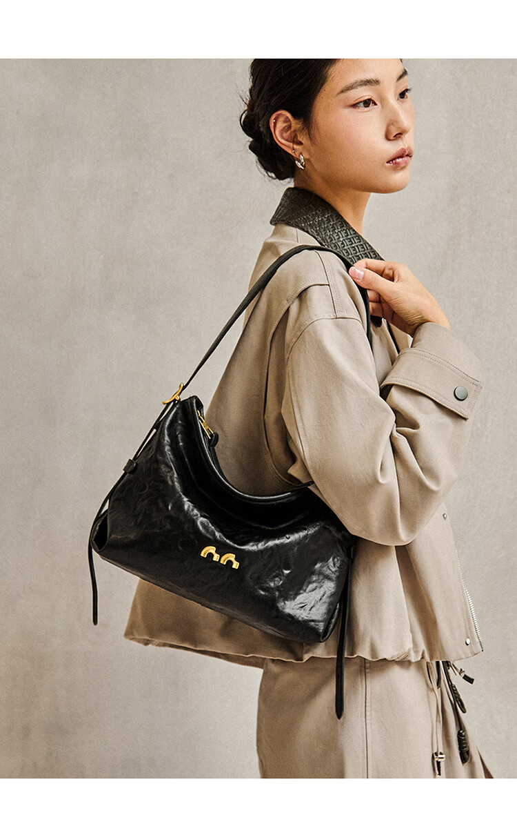 Nalandu [Dong Xuan Same Style] Black Stone Hobo Bag New Cowhide Underarm Shoulder Bag Birthday 38 Goddess Festival Gift 14