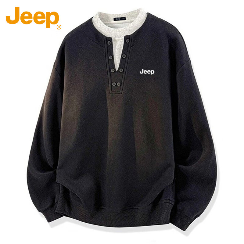 JEEP Men's Spring and Autumn Crew Neck Long Sleeve T-Shirt, Fake Two-Piece Casual Versatile Black 4XL