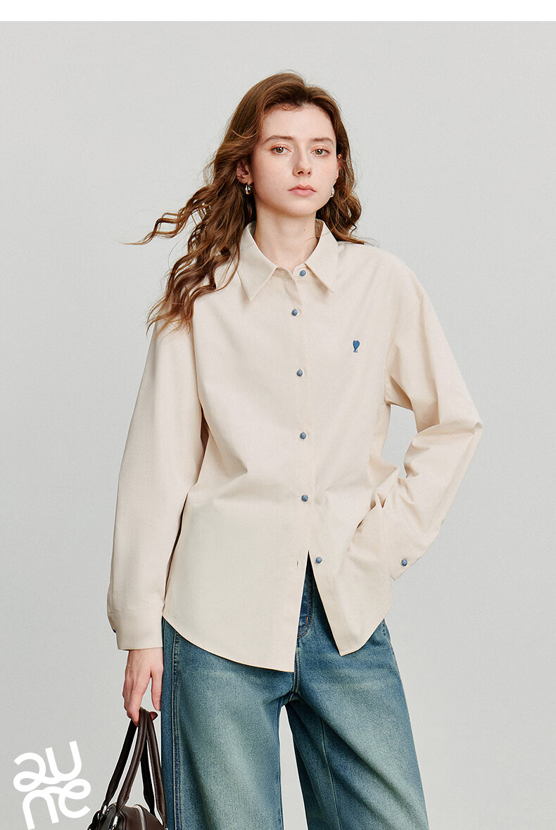 Chuyua Heart Embroidery Shirt Women 2025 Autumn New Simple Versatile Solid Color Pure Cotton Blouse White L 29