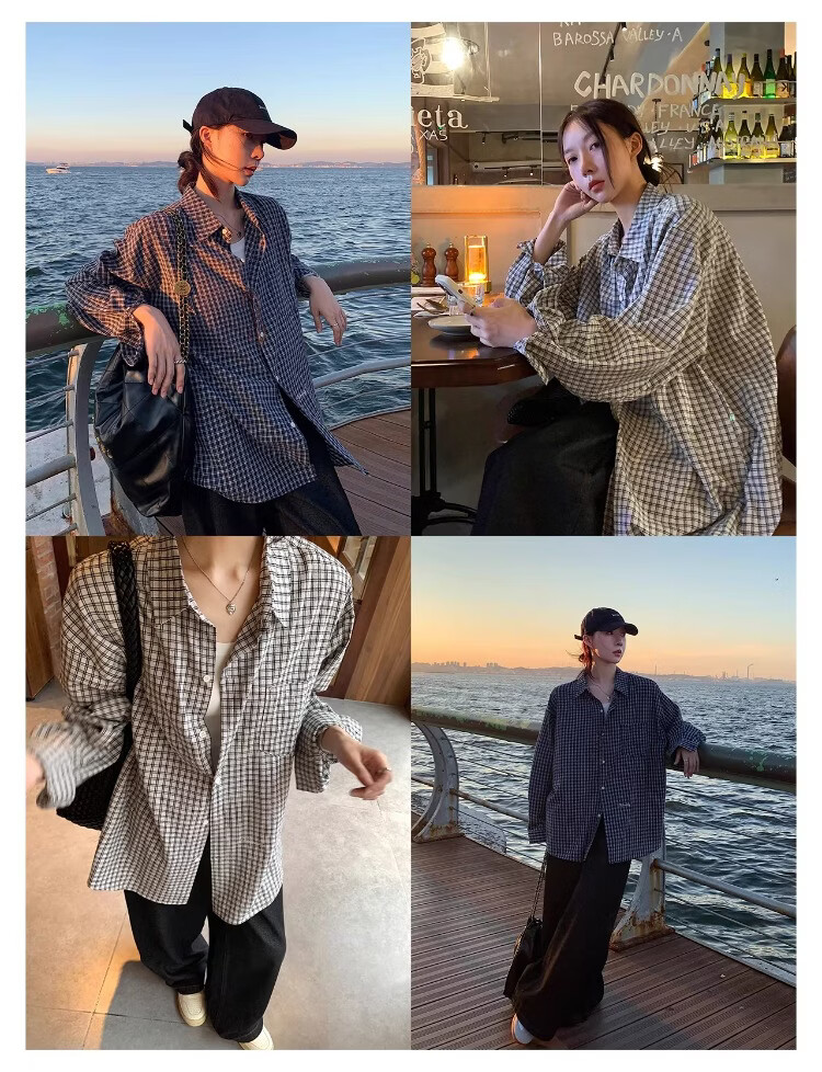 ICH MODE "Plaid Collector" Korean Retro Casual Black and White Plaid Long Sleeve Shirt Spring Autumn Shirt Silver Gray L 3
