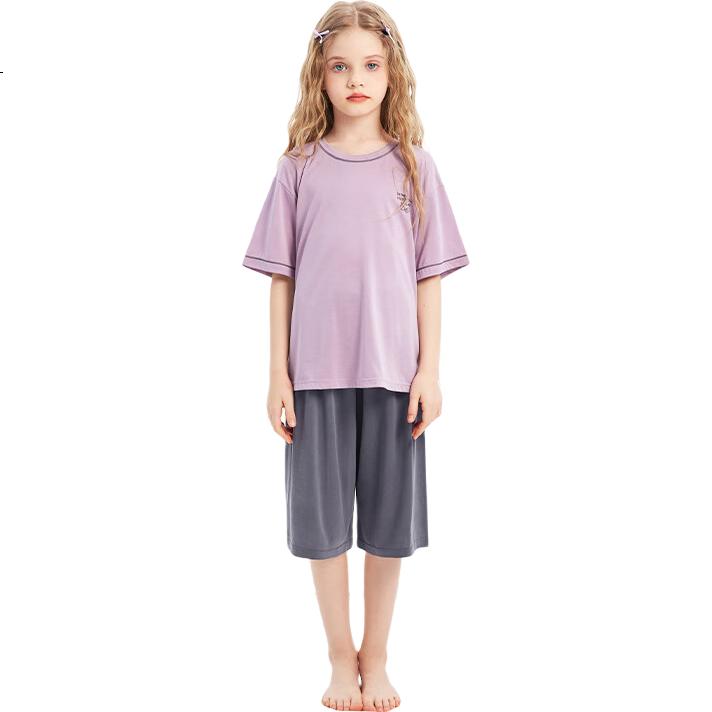 Zhimu Boys And Girls Home Wear Set for Older Children, Short-Sleeve Shorts, Cloud Purple, Size 110
