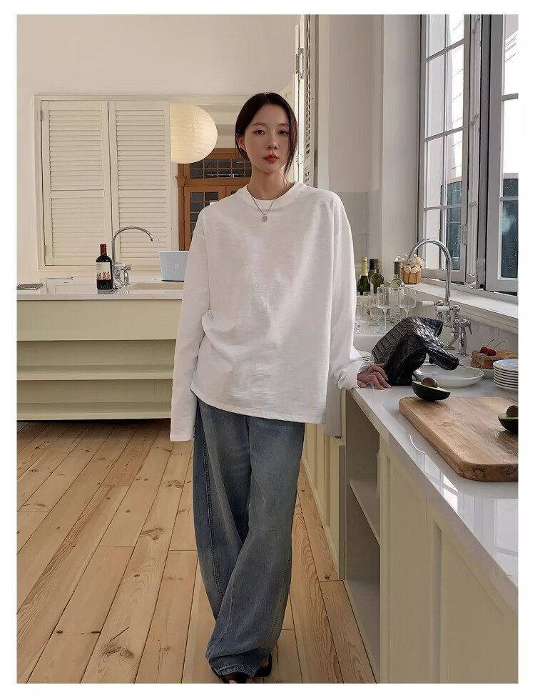 ICH MODE "Versatile King" Bamboo Cotton White Long Sleeve T-Shirt Women Loose Pullover Solid Color Base Shirt White XL 4
