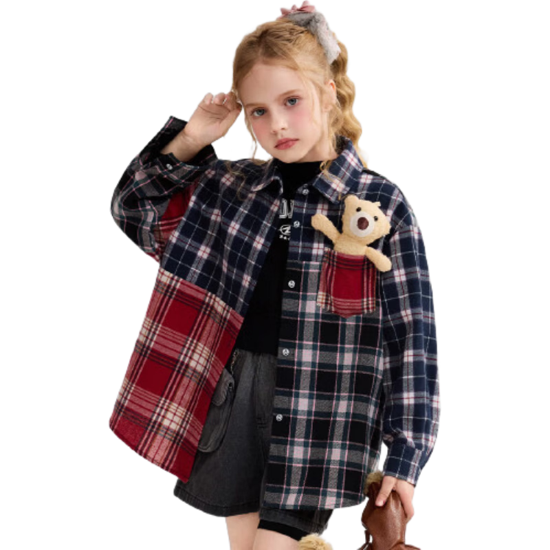 ASK JUNIOR Kids Shirt 2025 Autumn Plaid Brushed Cotton Colorblock Shirt Jacket with Bear Decoration for Girls