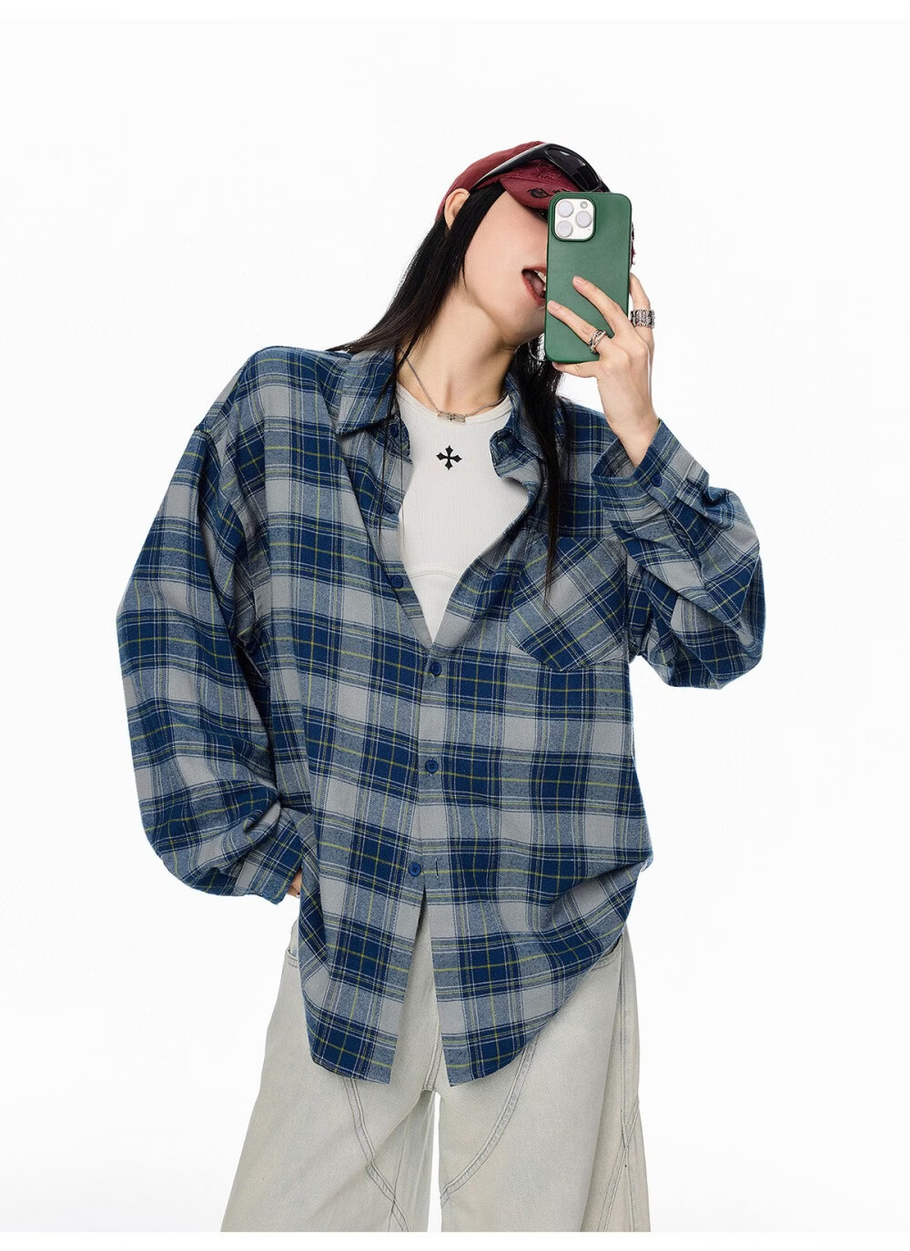 ICH MODE Women's American Style Blue Plaid Shirt Spring New Loose Casual Long Sleeve Shirt Jacket Top Blue L 24