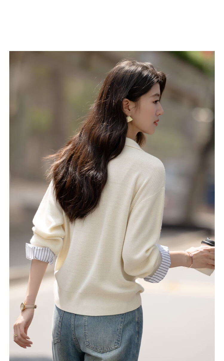 Demana【Sheep Wool and Mulberry Silk Blend】Spring Minimalist Patchwork Striped Polo Neck Knit Sweater for Women 11