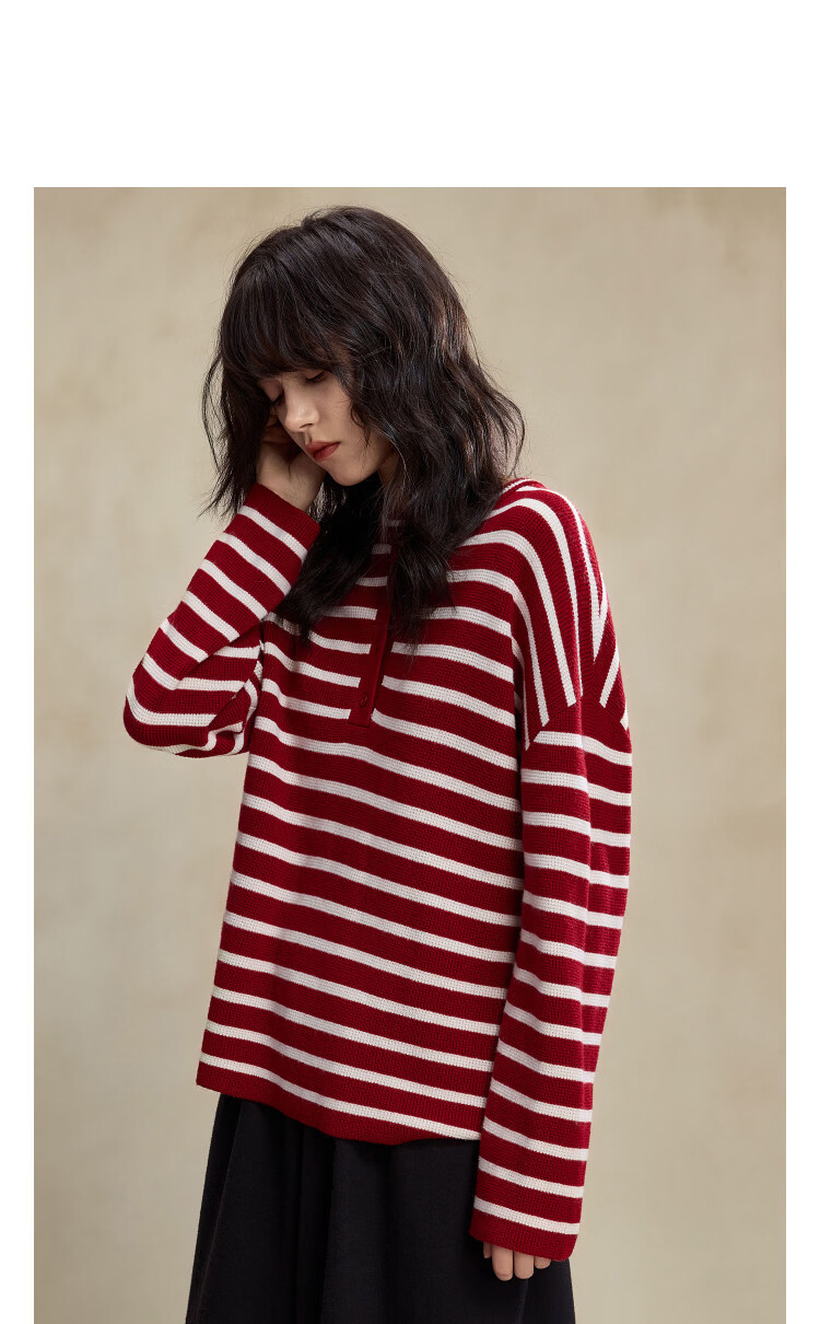 Demana Breathable Wool Blend Vintage Salt-Wind Half-Placket Striped Loose Knit Sweater Women's Top Winter 10