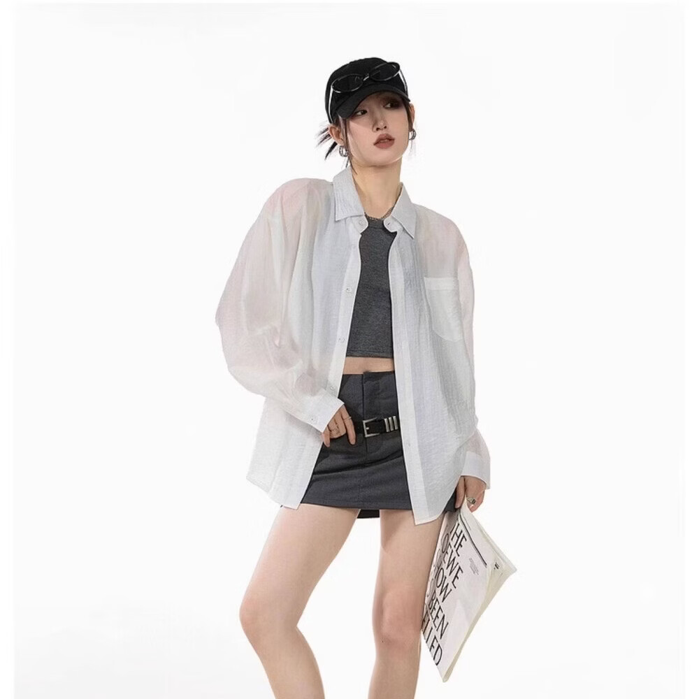 ICH MODE American Style White Shirt Women Summer Loose Physical Sun Protection Shirt Jacket Long Sleeve Top Blue XL