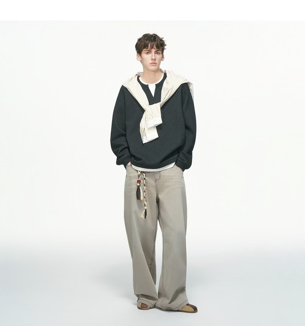 DREAM MADE American Style Two-in-One V-Neck Sweatshirt Men Spring New Heavyweight Inner Shirt Black M 18