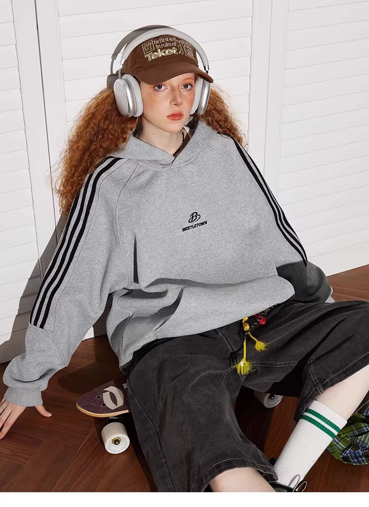 BEETLE TOWN American Style Striped Gray Raglan Sleeve Sweatshirt Women Spring New Versatile Couple Top Heather Gray M 21