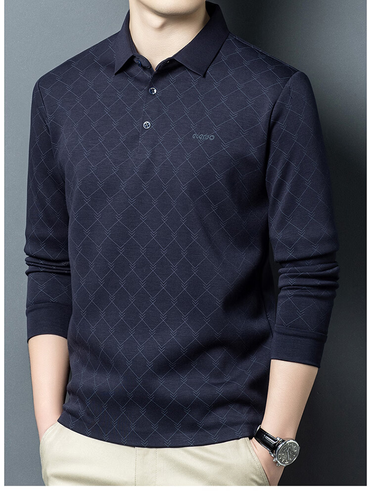 Edenbo Men's Long Sleeve Fleece-Lined Polo Shirt Autumn Winter Dense Fleece Mesh Top Dark Blue 175/92A (XL) 14