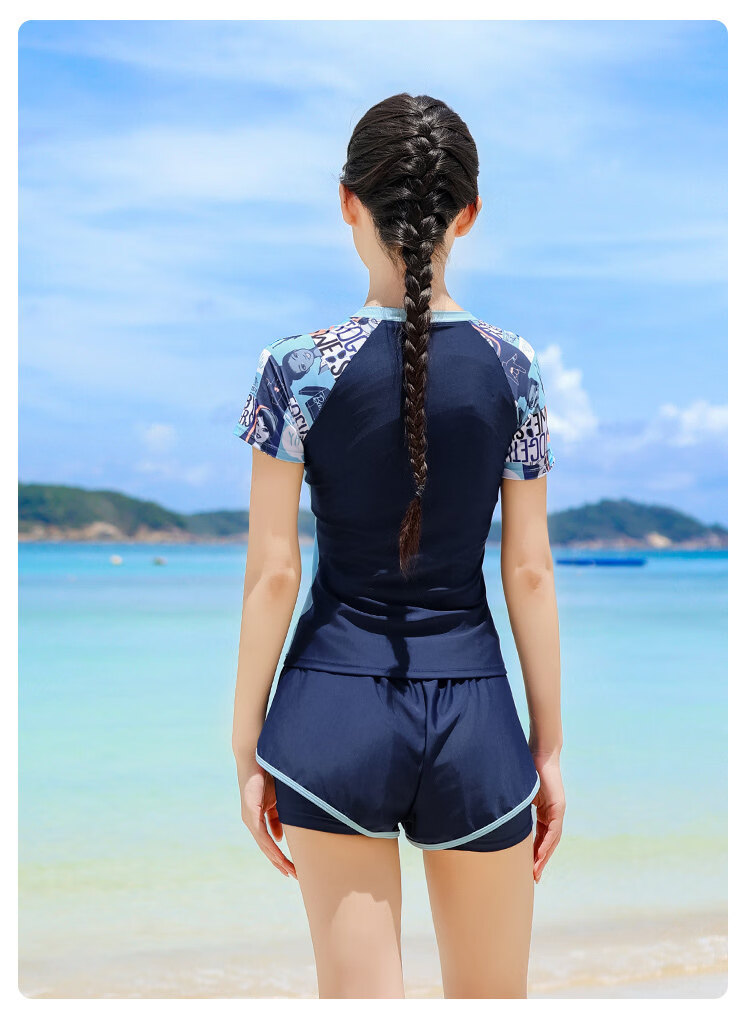 Babib Separate Conservative Short Sleeve Boxer Shorts Sports Two-Piece Swimsuit for Women Slimming Beach Vacation Swimwear 8