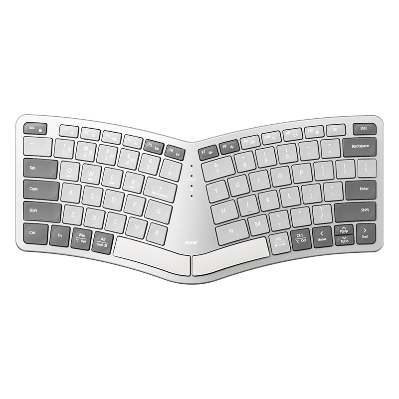B.O.W Hangshi HD429CL Ergonomic Tri-Mode Keyboard iPad Tablet Bluetooth Wireless Mobile Typing Accessory Portable Laptop Silent Office 80 Keys Silver Gray