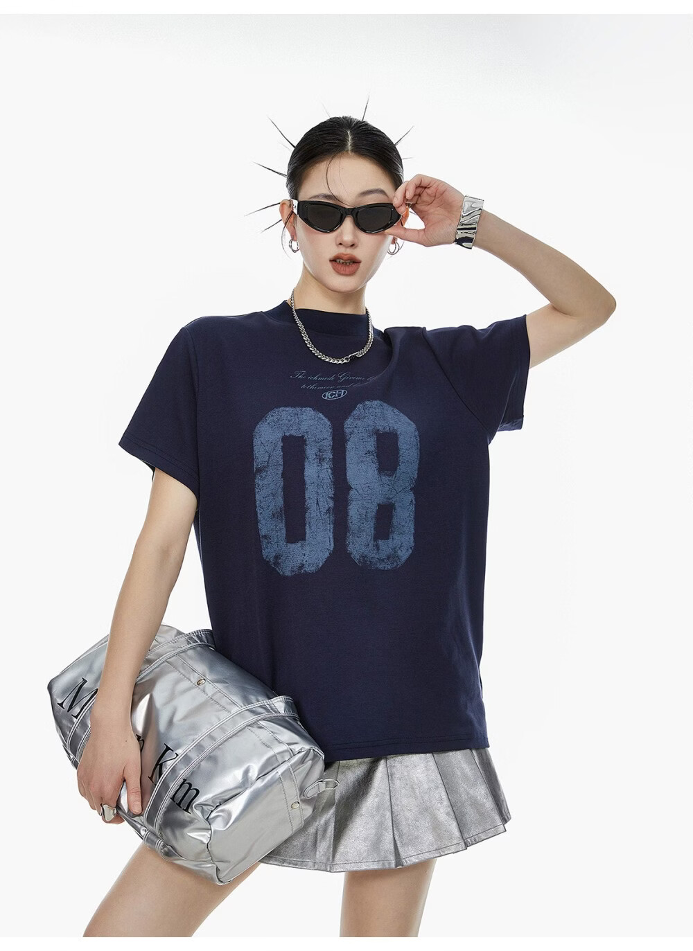 ICH MODE Women's American Slim Fit Shoulder T-Shirt 2026 Summer New Printed Short Sleeve Sports Top White L 24