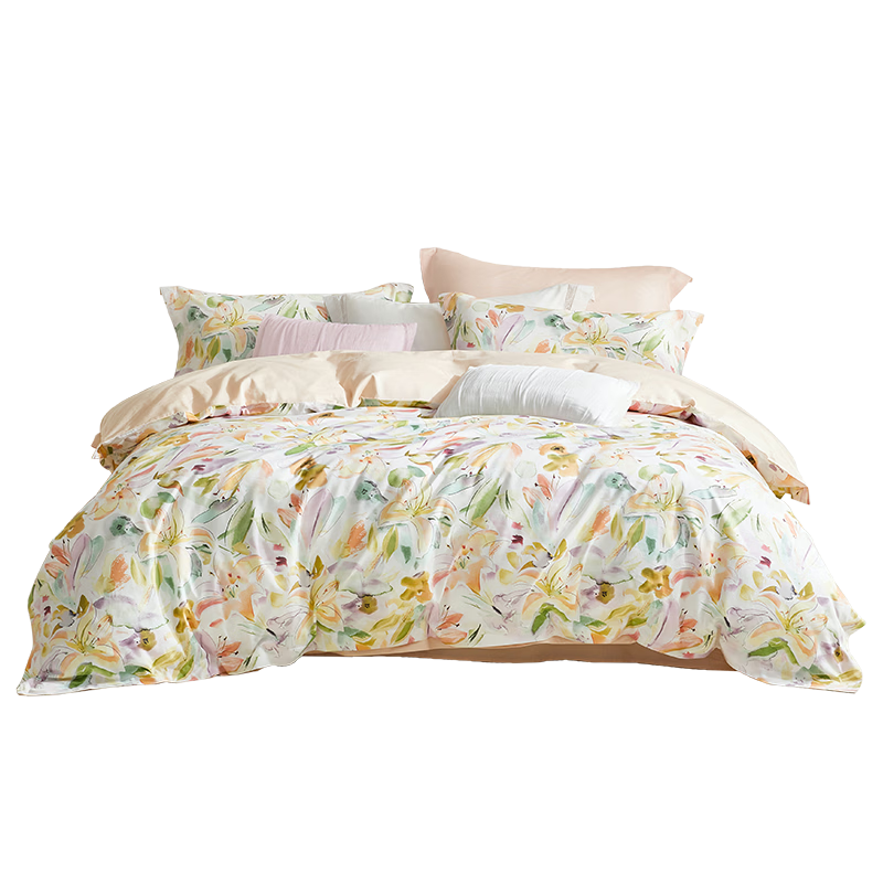 Luolai Home Textiles 60-Count Cotton Four-Piece Bedding Set, Pure Cotton Bed Sheet and Duvet Cover, Green, 220*250 cm