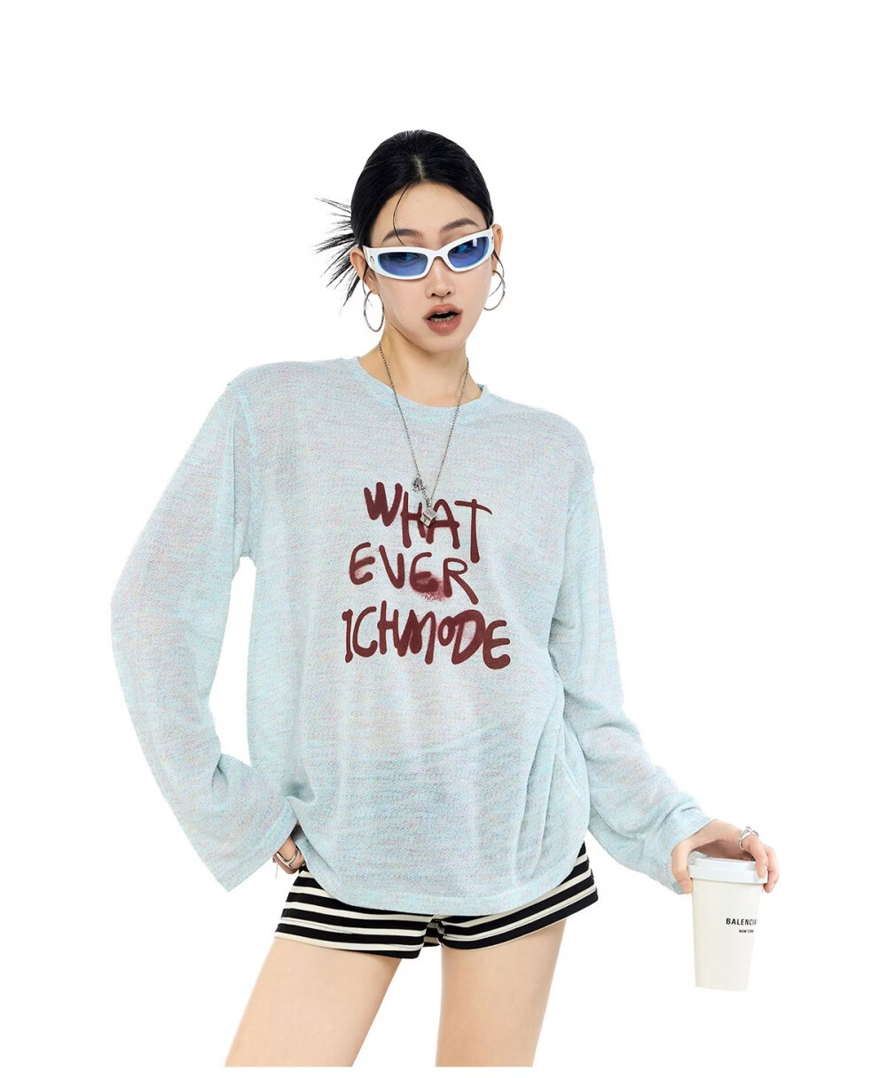 ICH MODE American Style Lightweight Long Sleeve T-Shirt Women 2026 New Spring Summer Physical Sun Protection Loose Top Blue M 7
