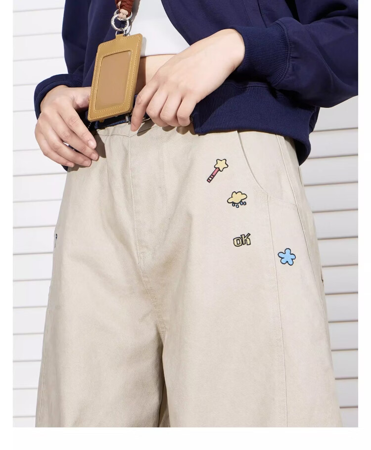 BEETLE TOWN Cartoon Embroidered Casual Pants for Women Spring Autumn 2025 New Loose Wide-Leg Curved Blade Pants Black M 10