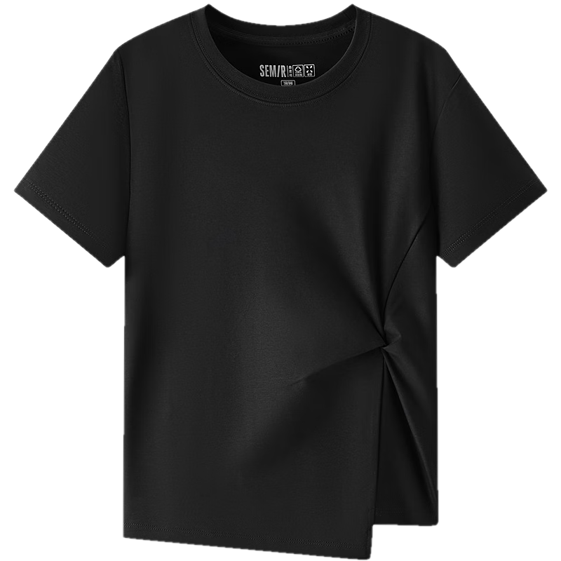 Semir Forest Soft | Women's Short Sleeve T-Shirt, Summer Cropped Style, Regular Shoulder, Solid Color, Slim Fit, Twisted Tie, Asymmetric Design Clothing 101325100095