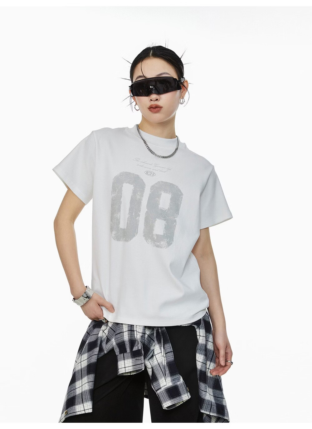 ICH MODE Women's American Slim Fit Shoulder T-Shirt 2026 Summer New Printed Short Sleeve Sports Top White L 7