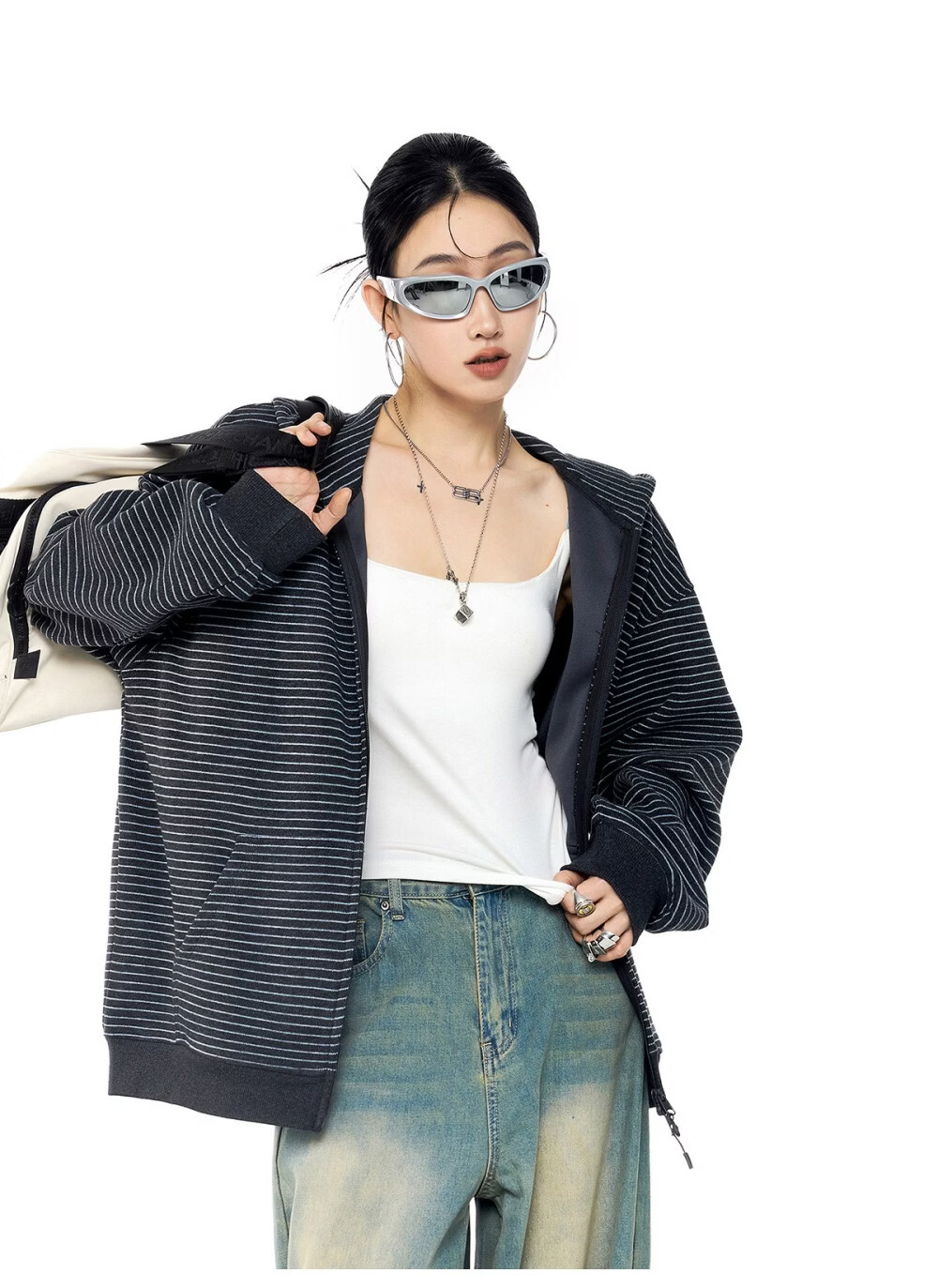 ICH MODE Celebrity Style Striped Hoodie Cardigan Sweatshirt for Women Spring Autumn New Sports Jacket Black M 37