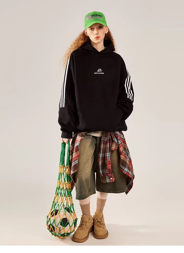 BEETLE TOWN American Style Striped Gray Raglan Sleeve Sweatshirt Women Spring New Versatile Couple Top Heather Gray M 9