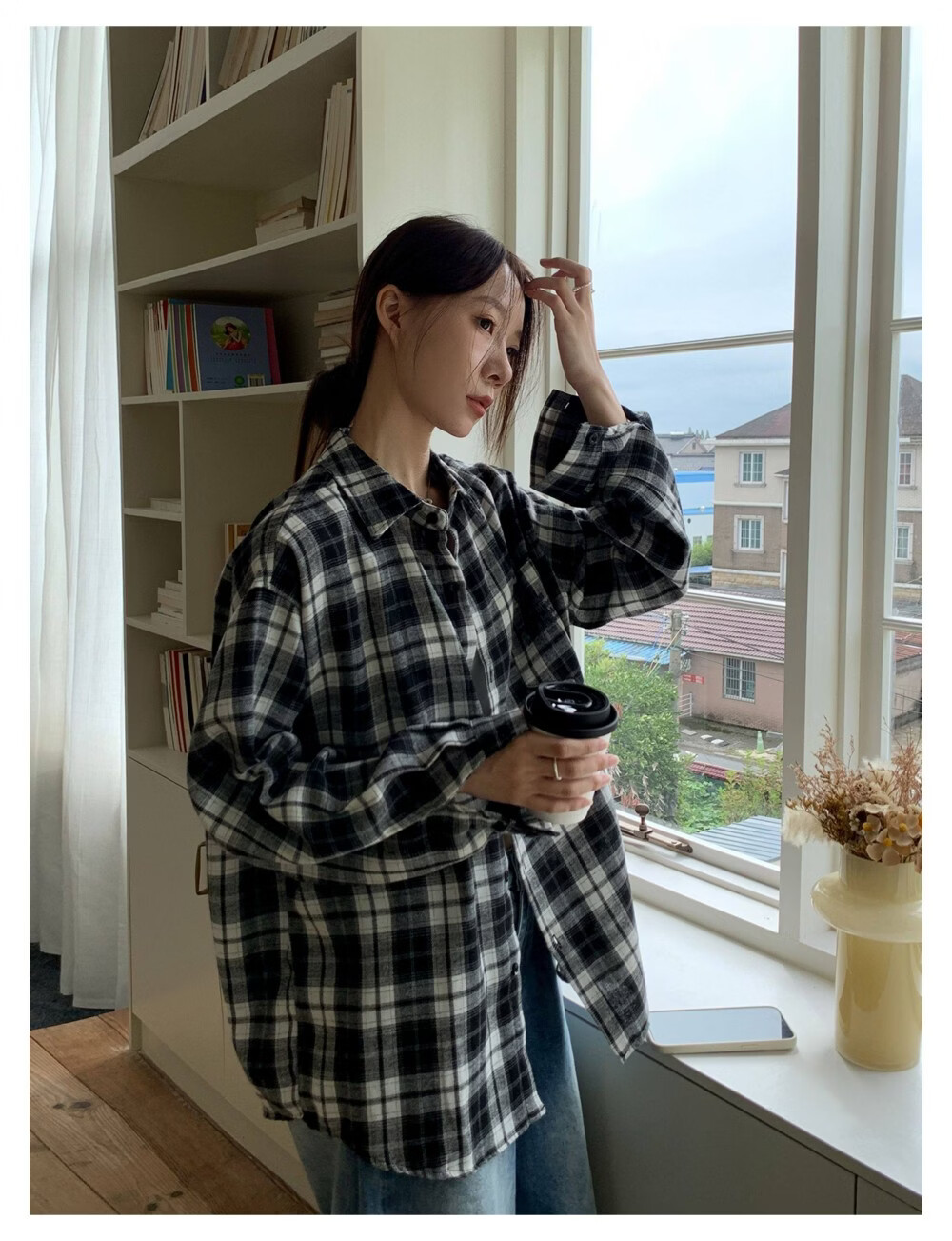 ICH MODE "Jeju Island Breeze" Brushed Plaid Shirt Jacket Women Vintage Check Long Sleeve Korean Style Shirt Blue L 18