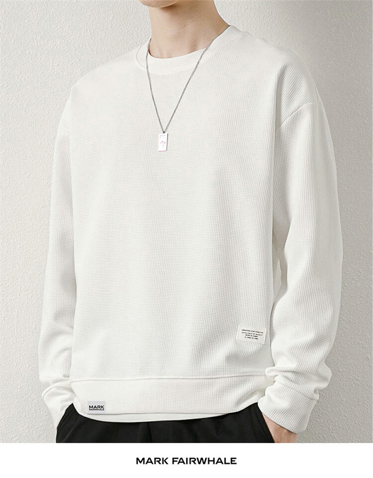 MARK FAIRWHALE Men's Spring and Autumn Waffle Knit Casual Crew Neck Long Sleeve T-Shirt White XL 21